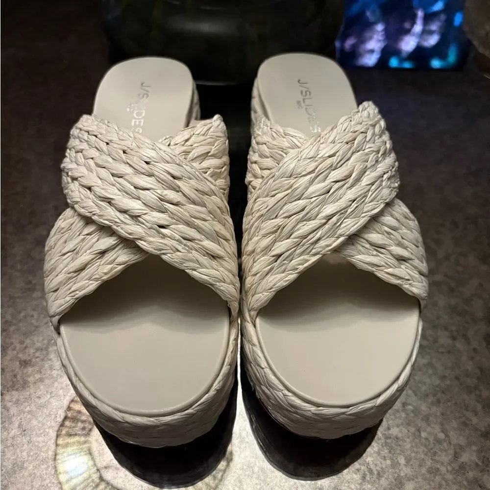 J/Slides QUIVER Bone Raffia Platform Sandals New